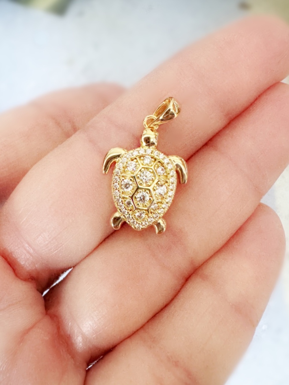 Turtle pendant Moissanite 14k Gold over Sterling Silver Turtle, Summer Necklace